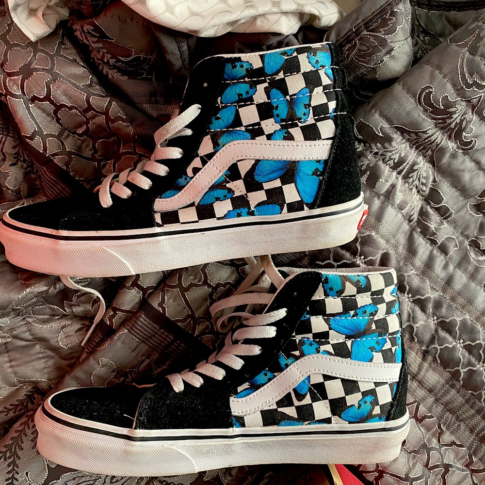 Vans Shoes | Black with Checkerboard | Blue Butterfly’s on Checkerboard. | New
